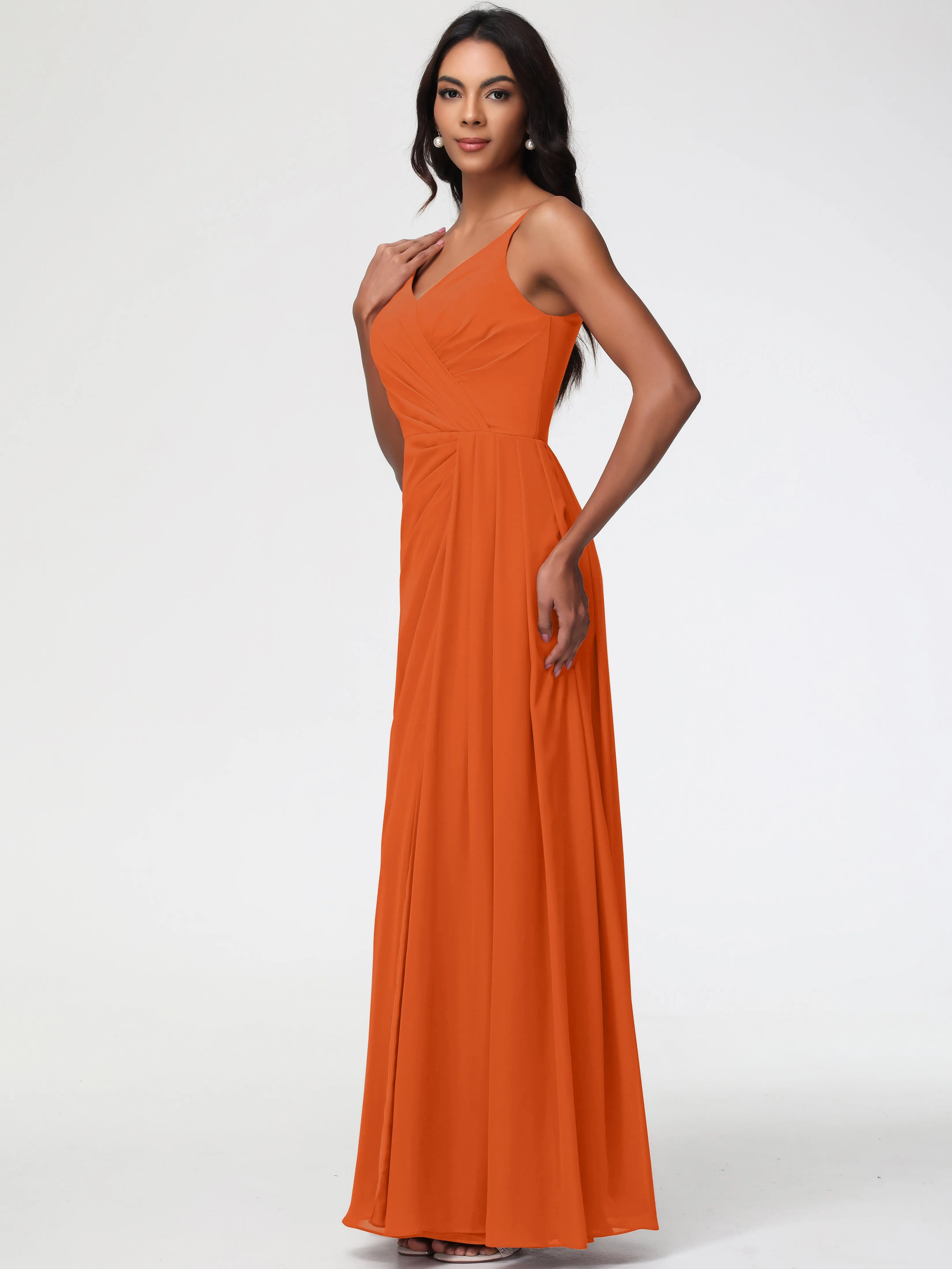 Burnt Orange Bridesmaids Dresses A-Line V-Neck Spaghetti Straps Ruched Chiffon Bridesmaid Dresses With Slit