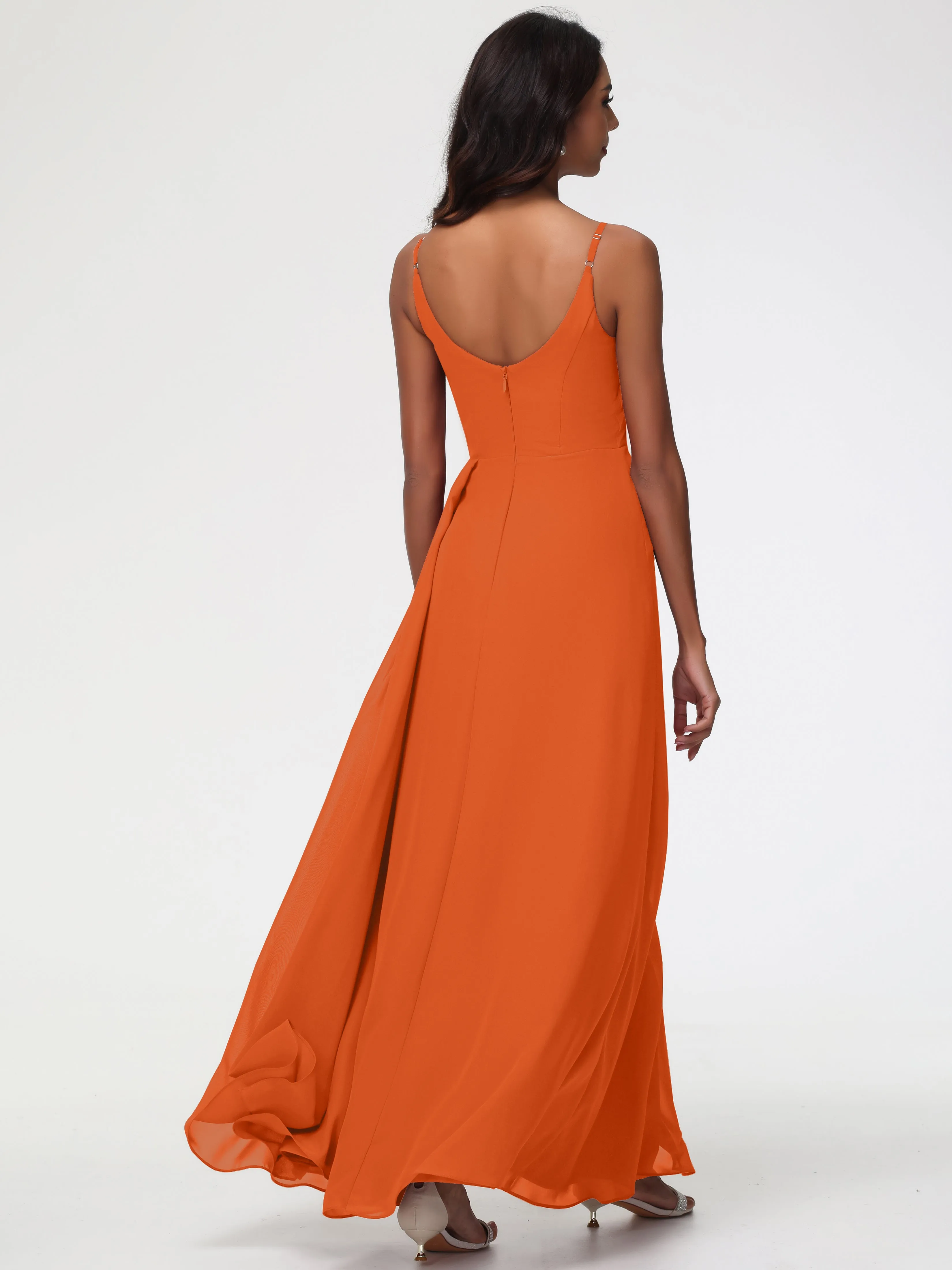 Burnt Orange Bridesmaids Dresses A-Line V-Neck Spaghetti Straps Ruched Chiffon Bridesmaid Dresses With Slit