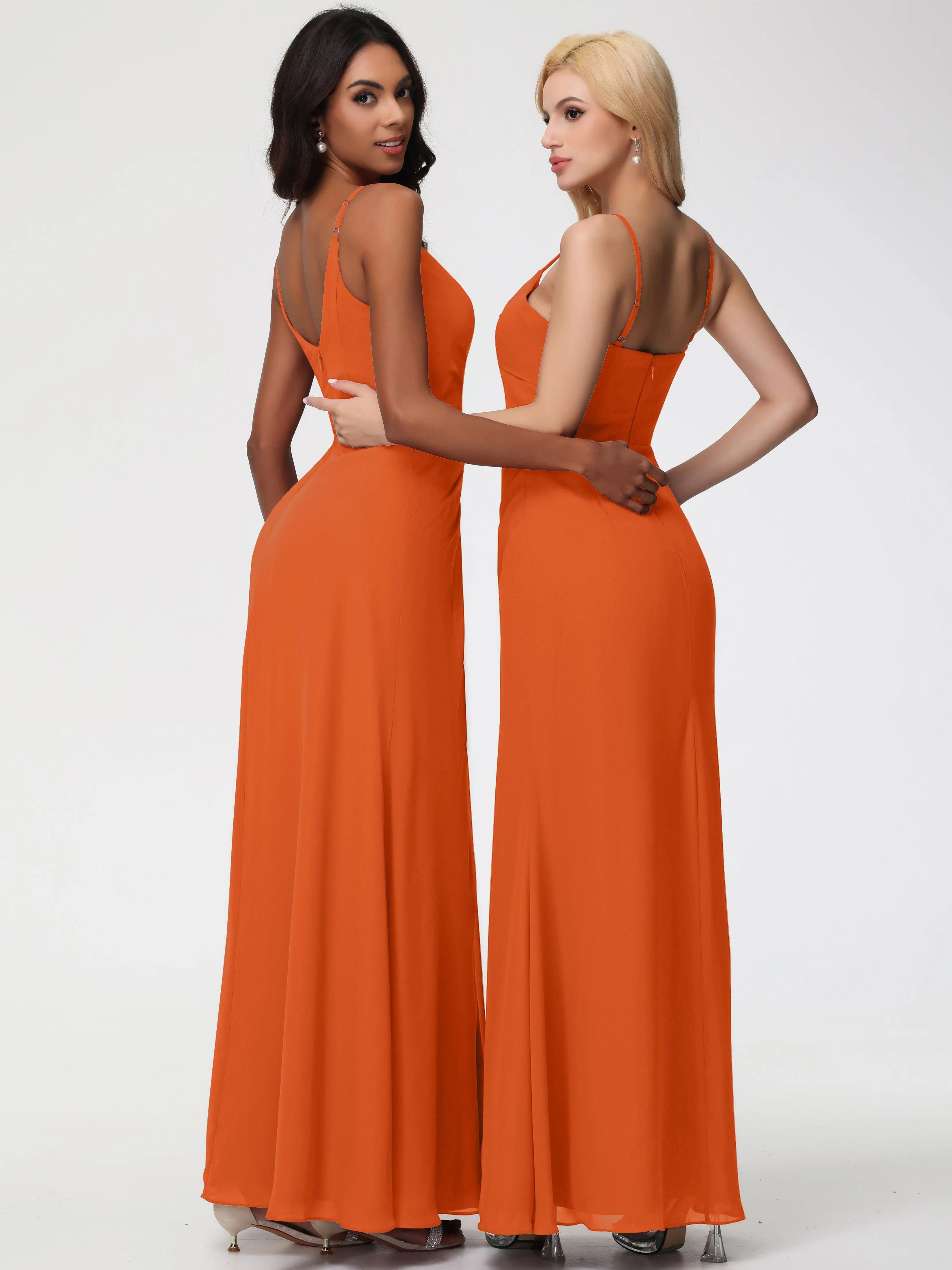Burnt Orange Bridesmaids Dresses A-Line V-Neck Spaghetti Straps Ruched Chiffon Bridesmaid Dresses With Slit