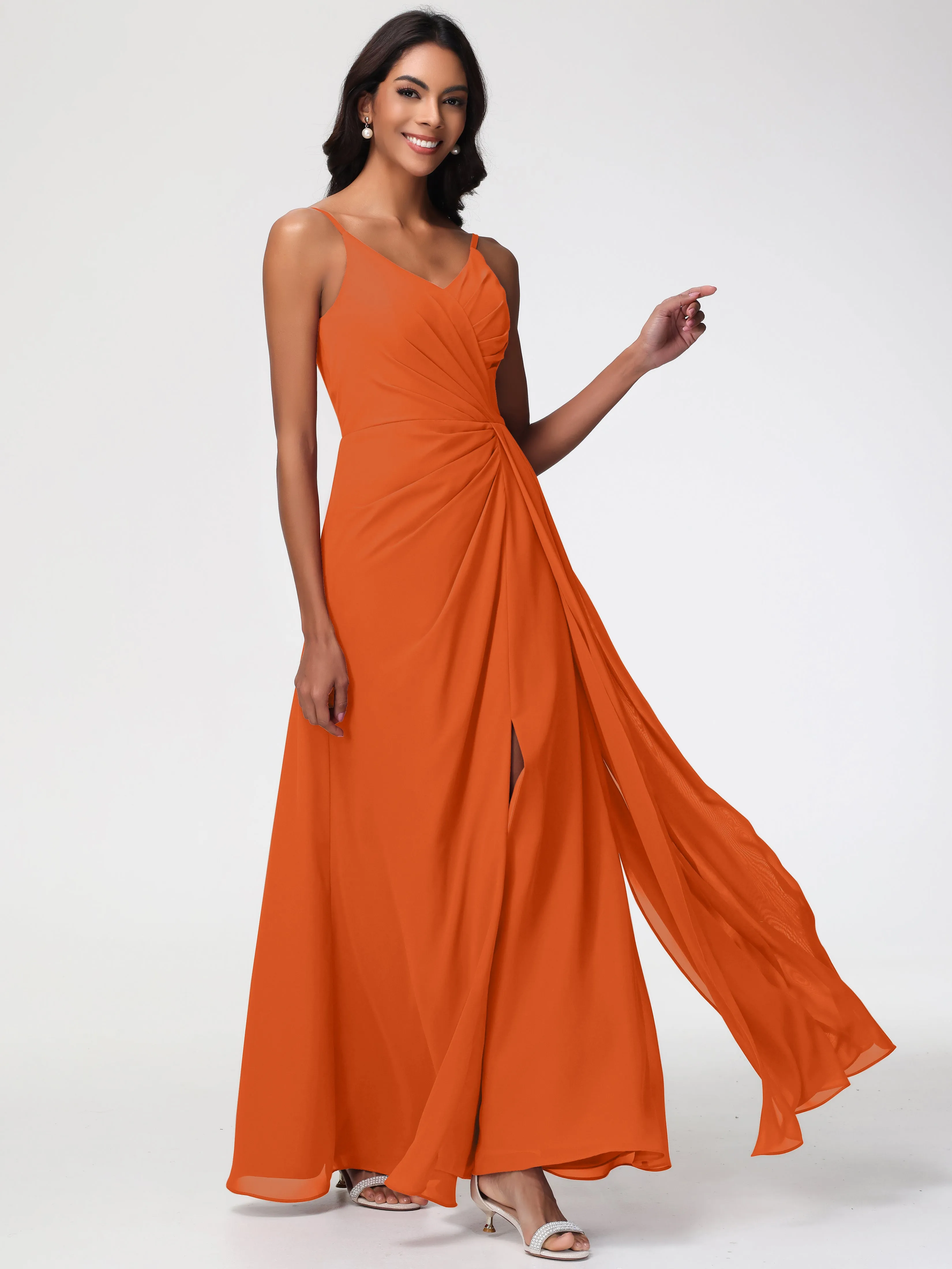 Burnt Orange Bridesmaids Dresses A-Line V-Neck Spaghetti Straps Ruched Chiffon Bridesmaid Dresses With Slit