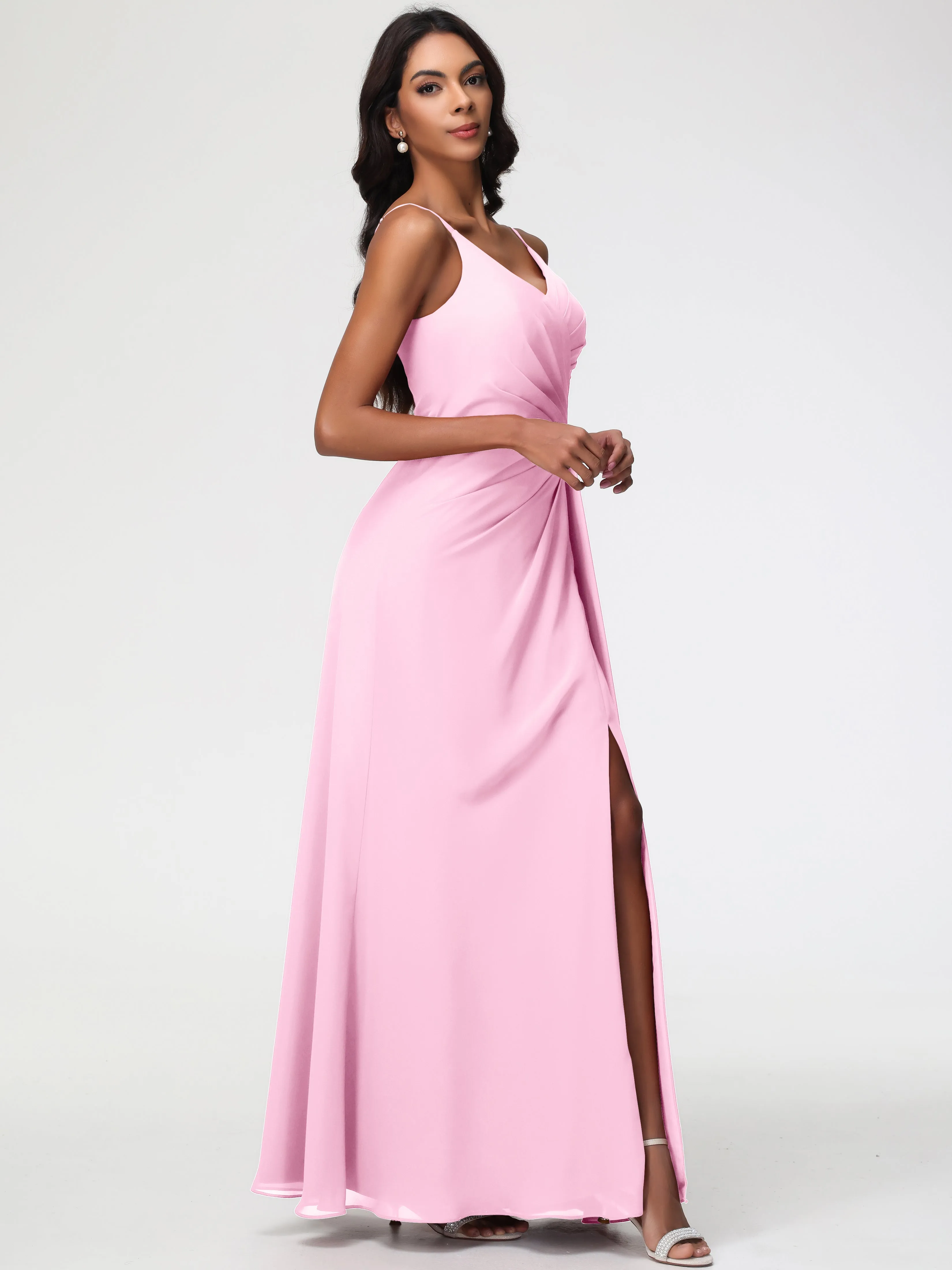 Candy Pink Bridesmaid Dresses A-Line V-Neck Spaghetti Straps Ruched Chiffon Bridesmaid Dresses With Slit