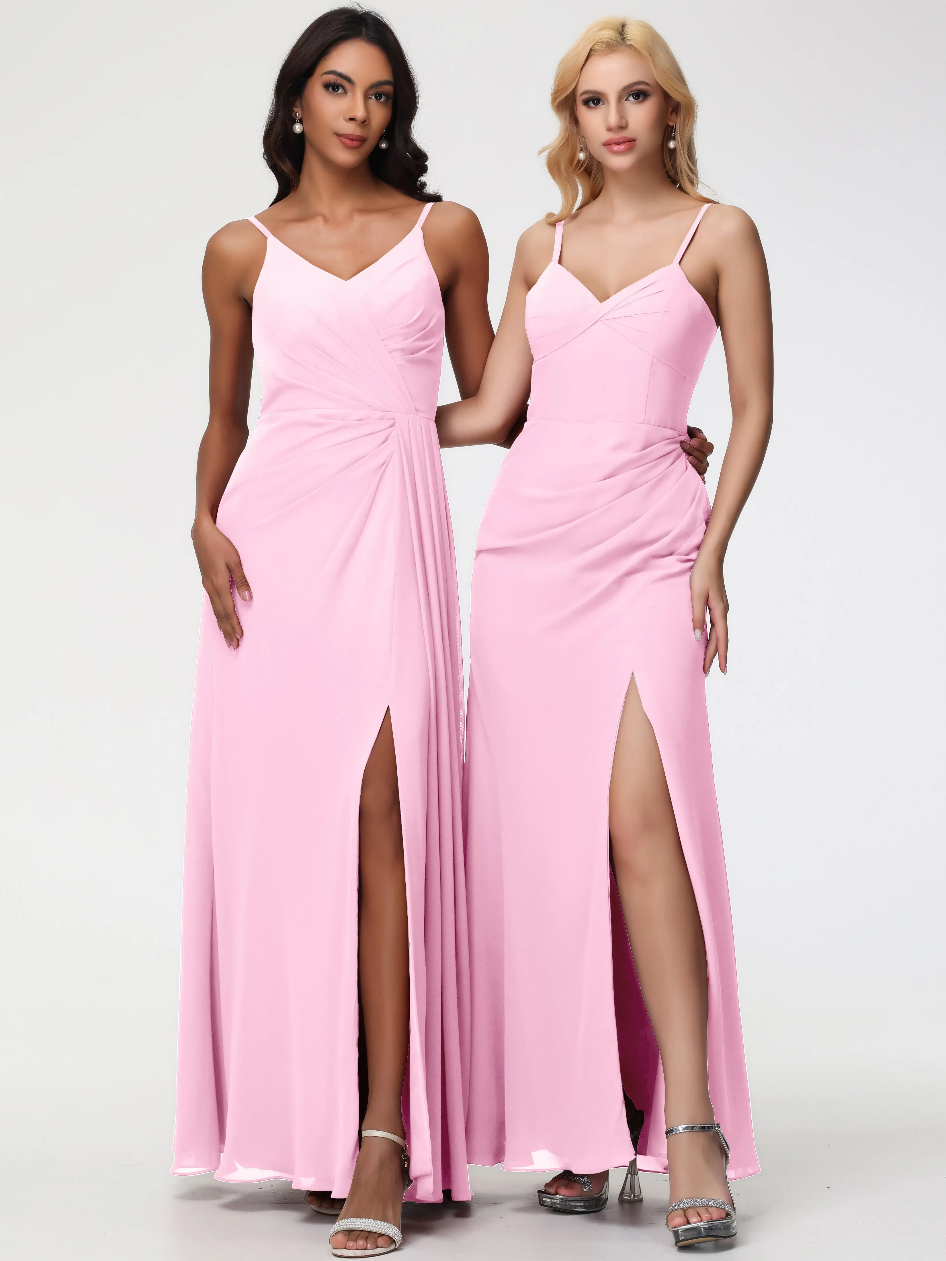 Candy Pink Bridesmaid Dresses A-Line V-Neck Spaghetti Straps Ruched Chiffon Bridesmaid Dresses With Slit