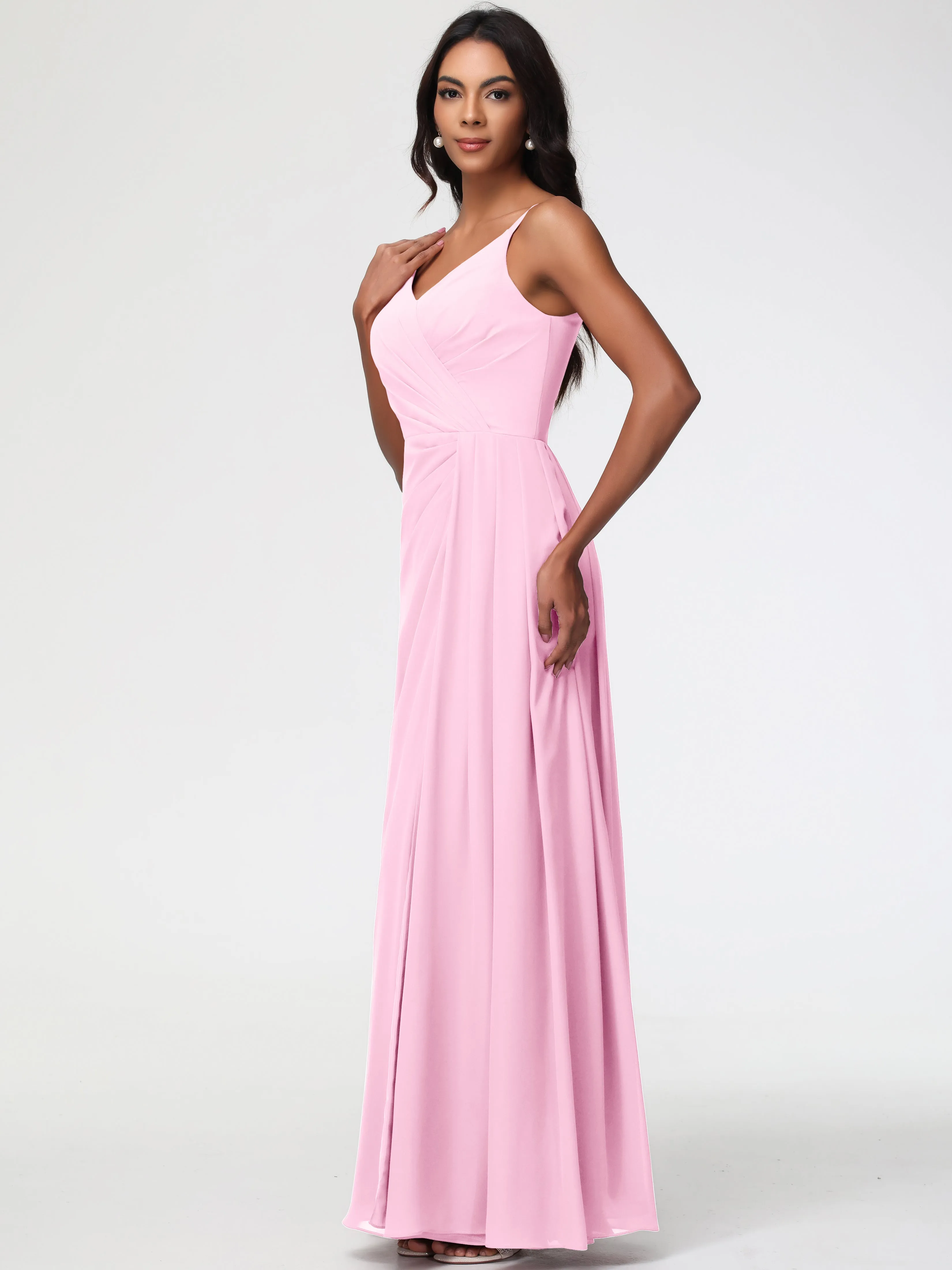 Candy Pink Bridesmaid Dresses A-Line V-Neck Spaghetti Straps Ruched Chiffon Bridesmaid Dresses With Slit