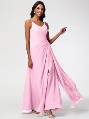 Candy Pink Bridesmaid Dresses A-Line V-Neck Spaghetti Straps Ruched Chiffon Bridesmaid Dresses With Slit