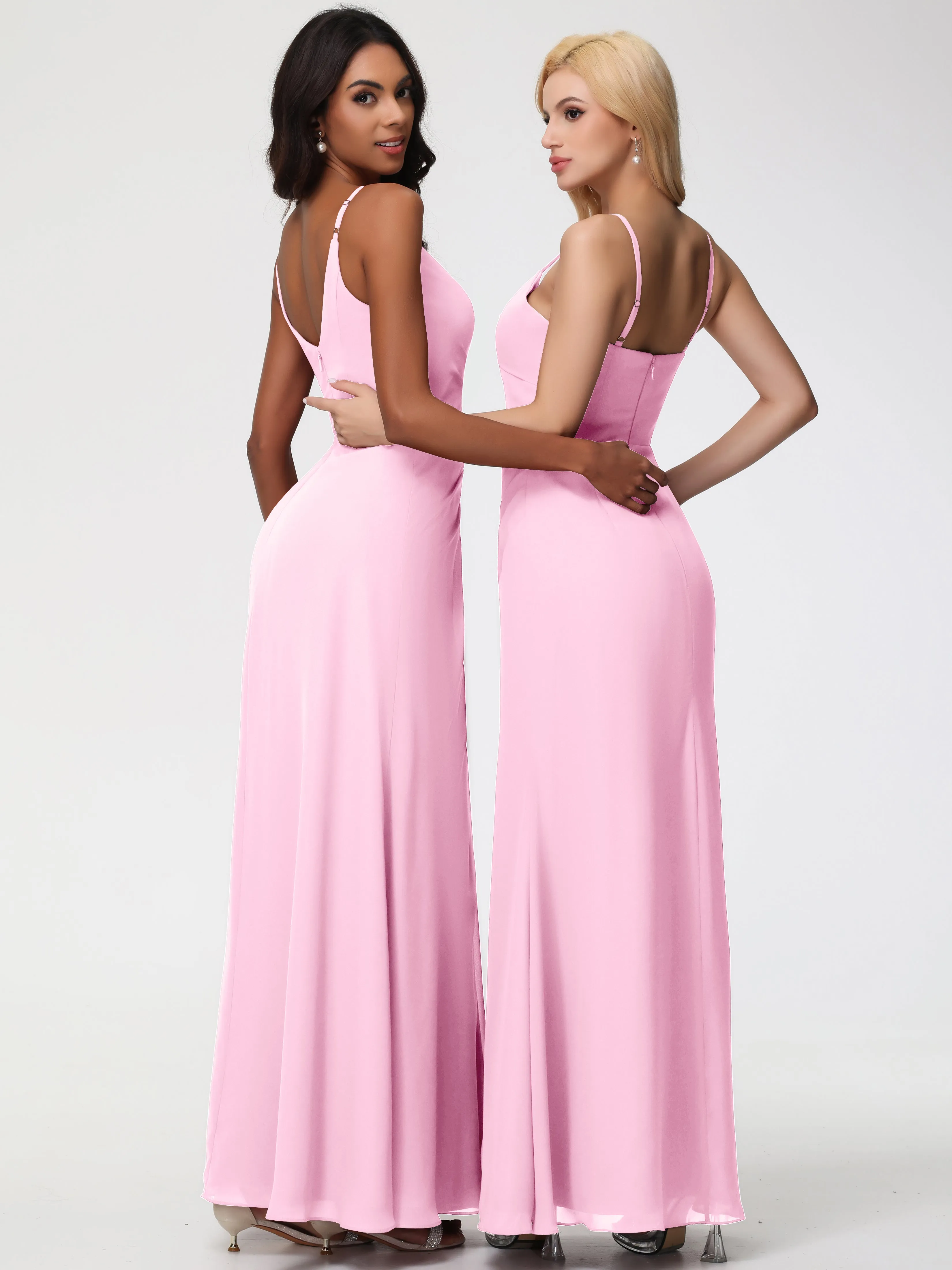 Candy Pink Bridesmaid Dresses A-Line V-Neck Spaghetti Straps Ruched Chiffon Bridesmaid Dresses With Slit