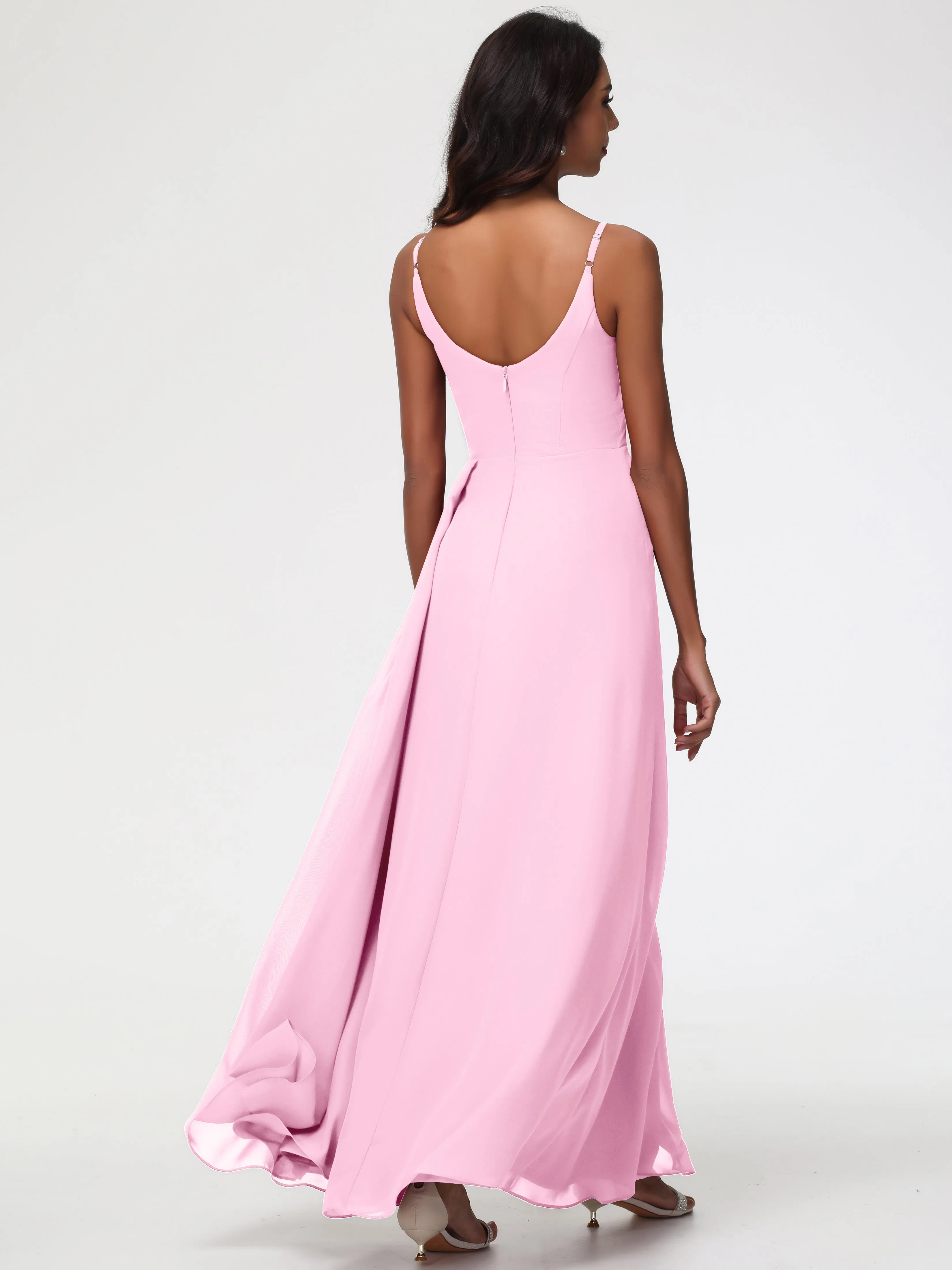 Candy Pink Bridesmaid Dresses A-Line V-Neck Spaghetti Straps Ruched Chiffon Bridesmaid Dresses With Slit