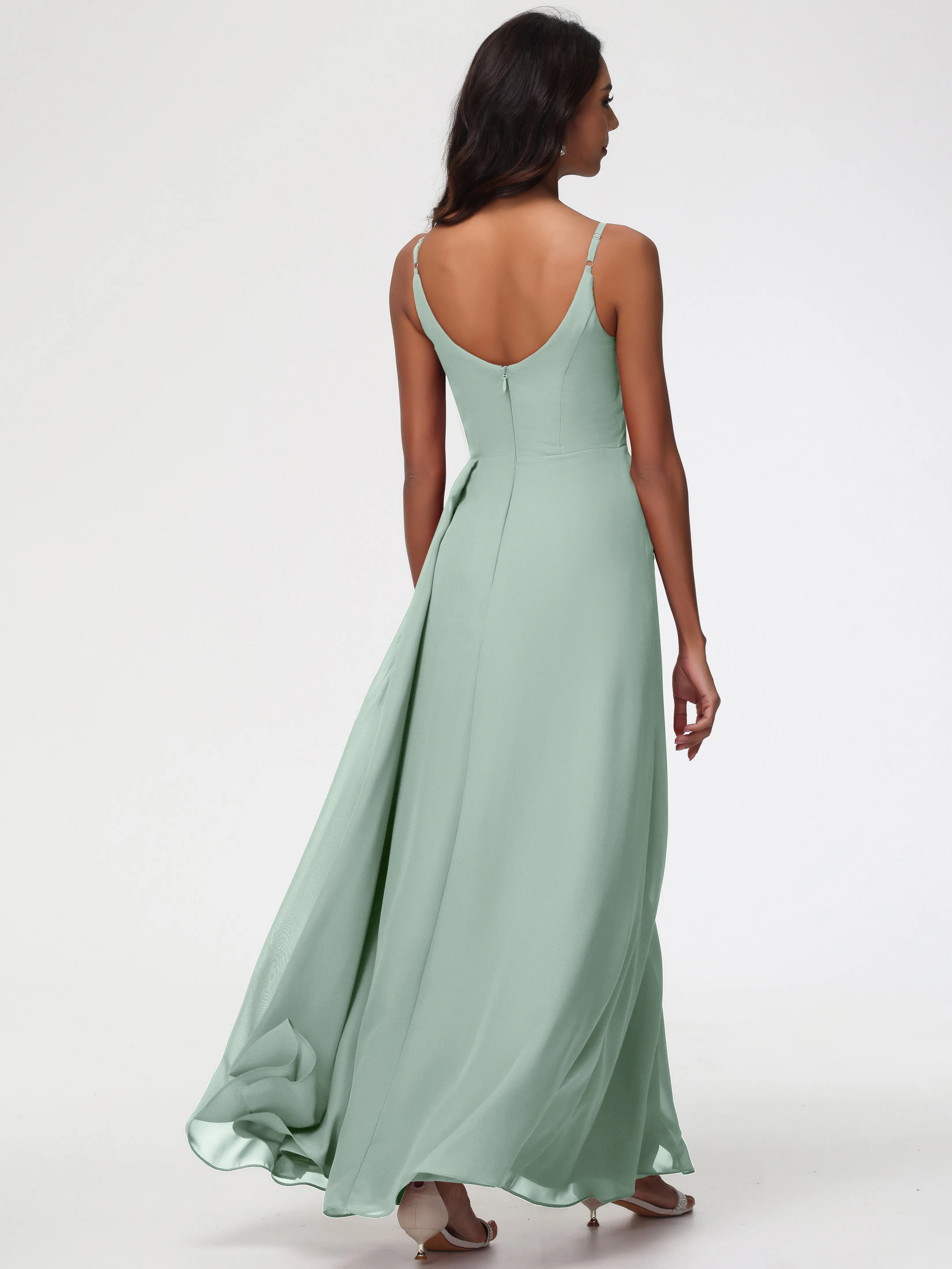 Celadon Bridesmaid A-Line V-Neck Spaghetti Straps Ruched Chiffon Bridesmaid Dresses With Slit