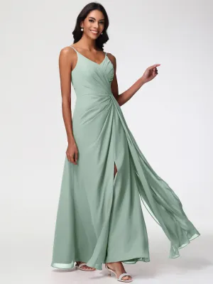 Celadon Bridesmaid A-Line V-Neck Spaghetti Straps Ruched Chiffon Bridesmaid Dresses With Slit