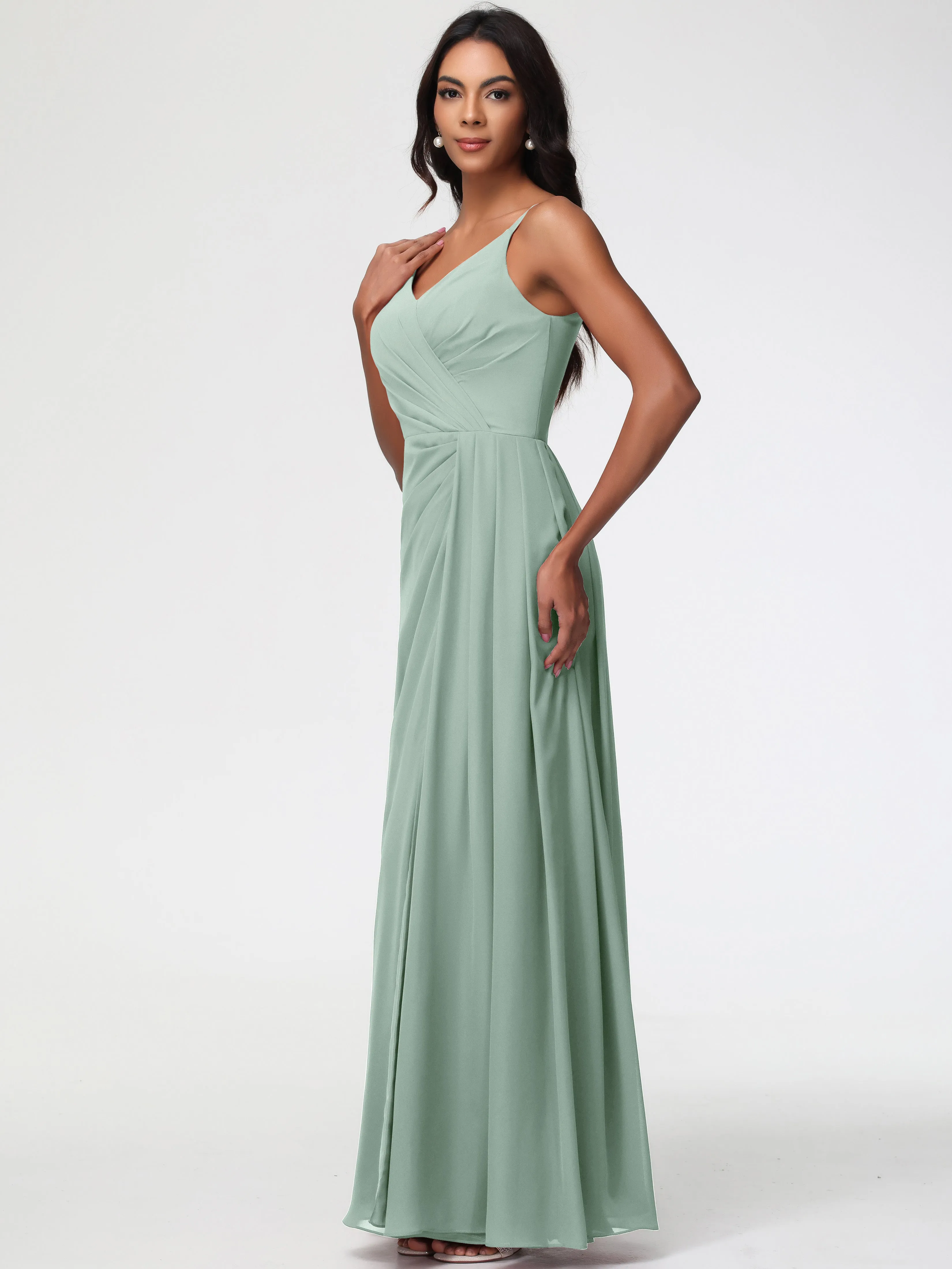 Celadon Bridesmaid A-Line V-Neck Spaghetti Straps Ruched Chiffon Bridesmaid Dresses With Slit