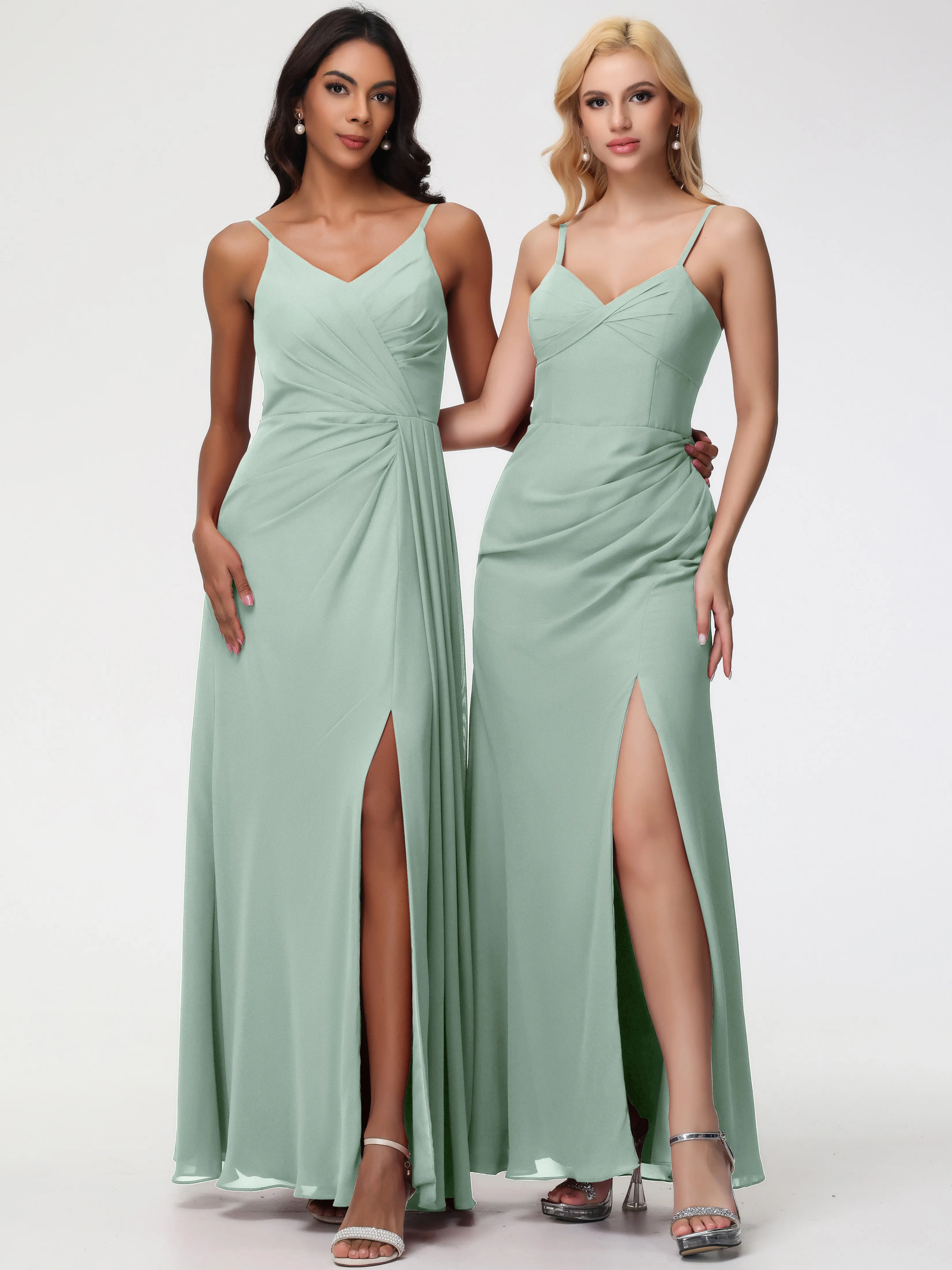 Celadon Bridesmaid A-Line V-Neck Spaghetti Straps Ruched Chiffon Bridesmaid Dresses With Slit