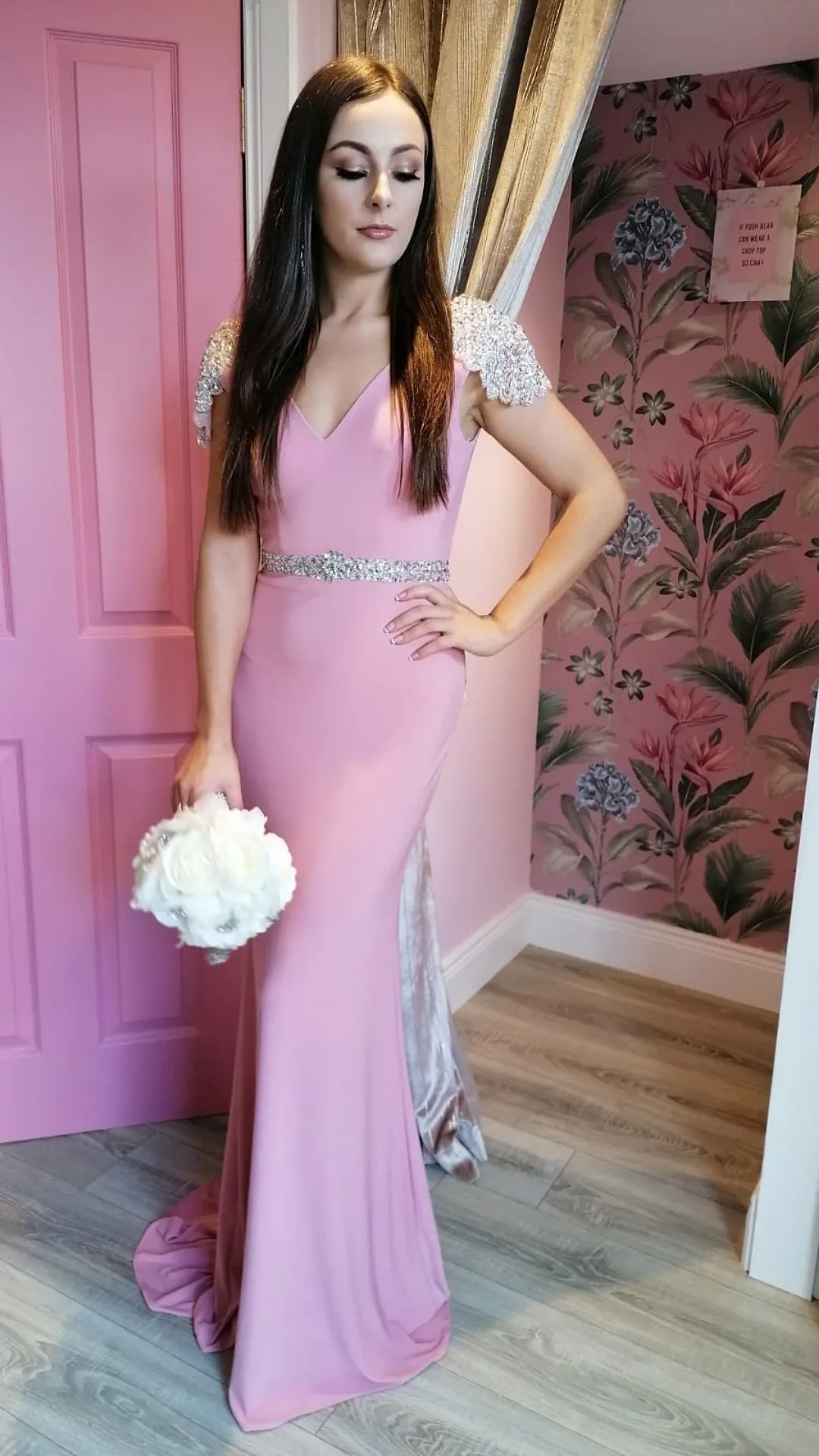 Sarah Pink V Neck Sequin Shoulder Cap Sample Bridesmaids Dress