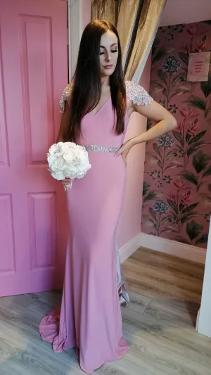 Sarah Pink V Neck Sequin Shoulder Cap Sample Bridesmaids Dress