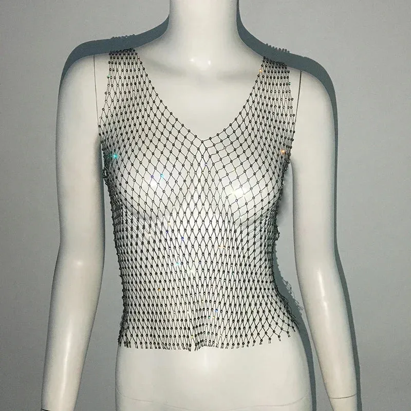 Sexy Shiny Rhinestone Fishnet Women Y2K Tank Tops See Through Crop Top Summer Beach Cover Up Tops Party Nightclub Women Clothing