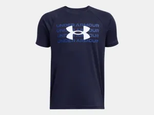Under Armour Boys Midnight Navy Tech Wordmark Logo SS Tshirt