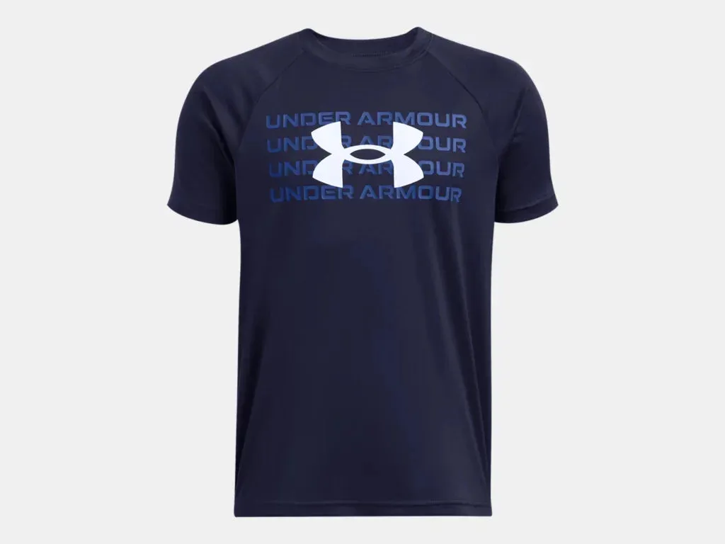 Under Armour Boys Midnight Navy Tech Wordmark Logo SS Tshirt