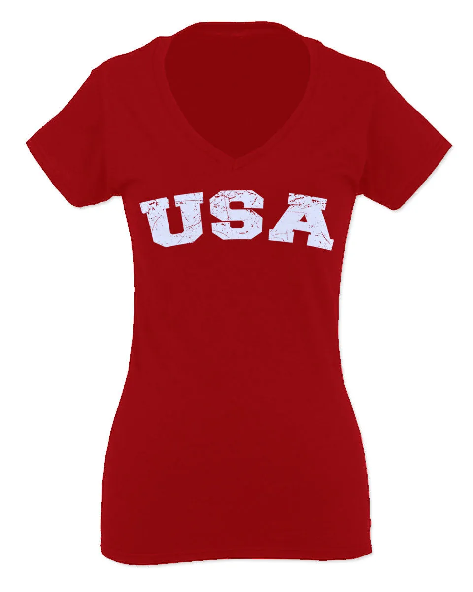 USA Vintage Patriotic American United States of America For Women V neck fitted T Shirt
