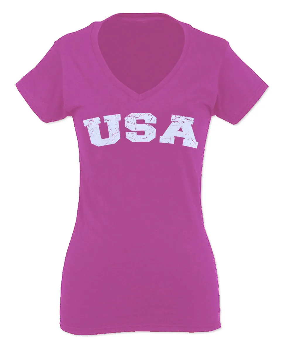 USA Vintage Patriotic American United States of America For Women V neck fitted T Shirt