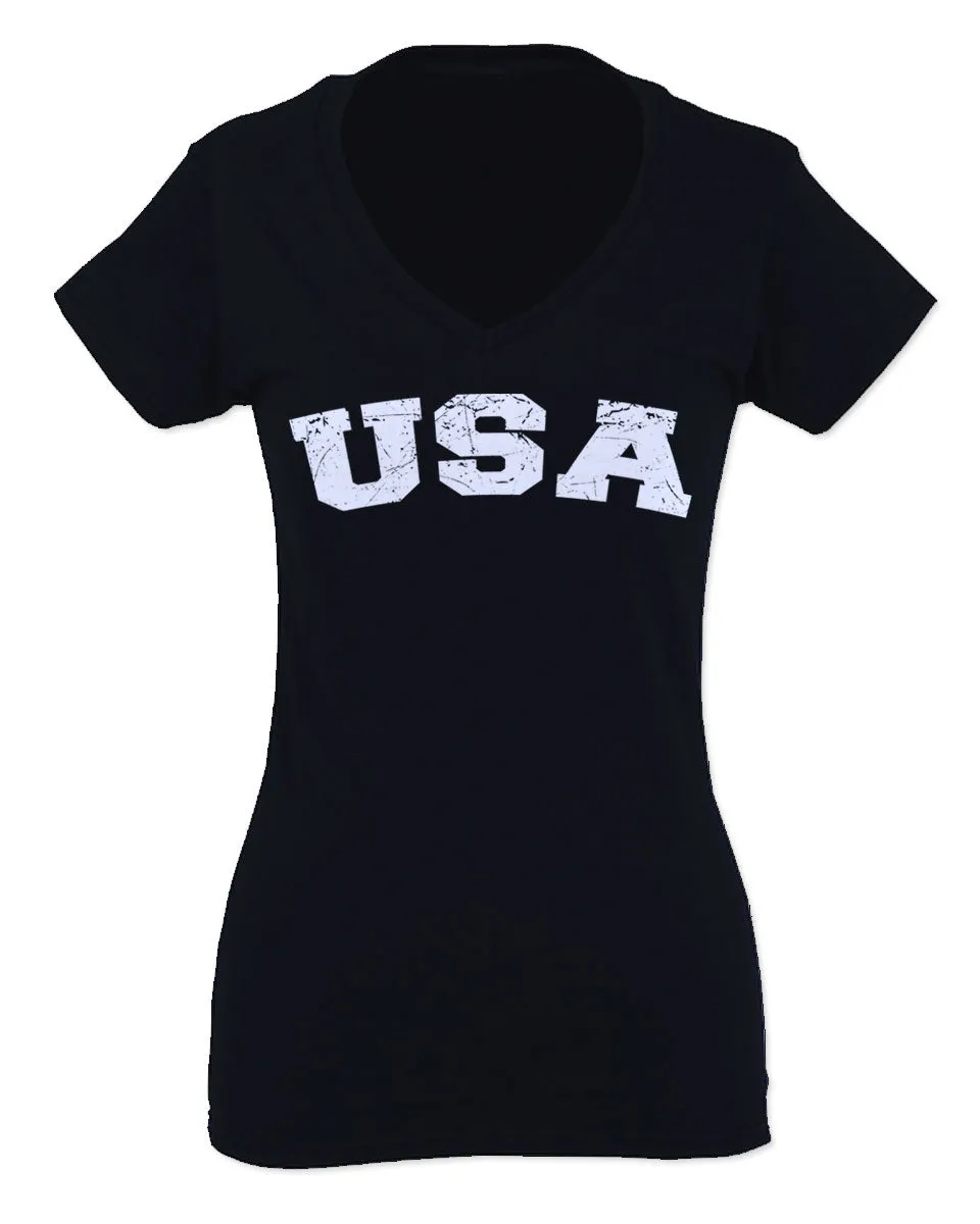 USA Vintage Patriotic American United States of America For Women V neck fitted T Shirt