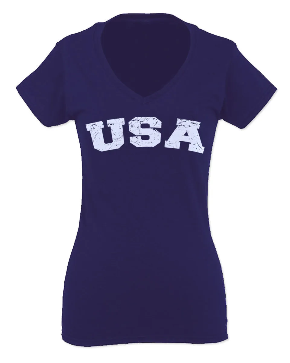 USA Vintage Patriotic American United States of America For Women V neck fitted T Shirt