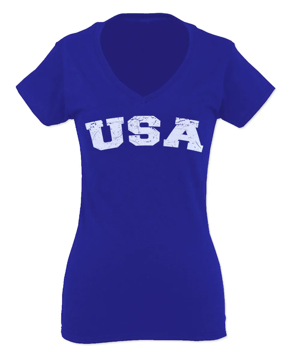 USA Vintage Patriotic American United States of America For Women V neck fitted T Shirt